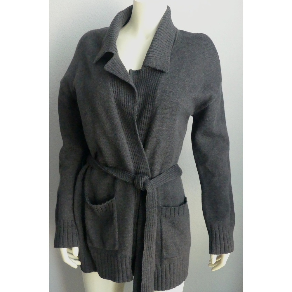 Banana Republic 100% Merino Wool Belt Cardigan Sweater Y2K Gray XL Shawl Collar